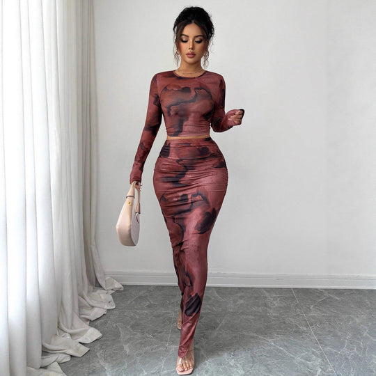 Damen nan zweiteiliges figurbetontes Set aus elastischem Mesh mit langärmligem Crop-Top, Daumenloch und gerafftem Midirock EB