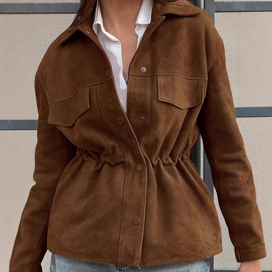 Damen Modische Suede-Jacke mit Taillierung und praktischen Pattentaschen EB