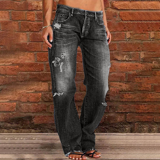 Damen nan weite zerrissene Jeans mit hoher Taille Relaxed Fit und ausgefranstem Saum EB