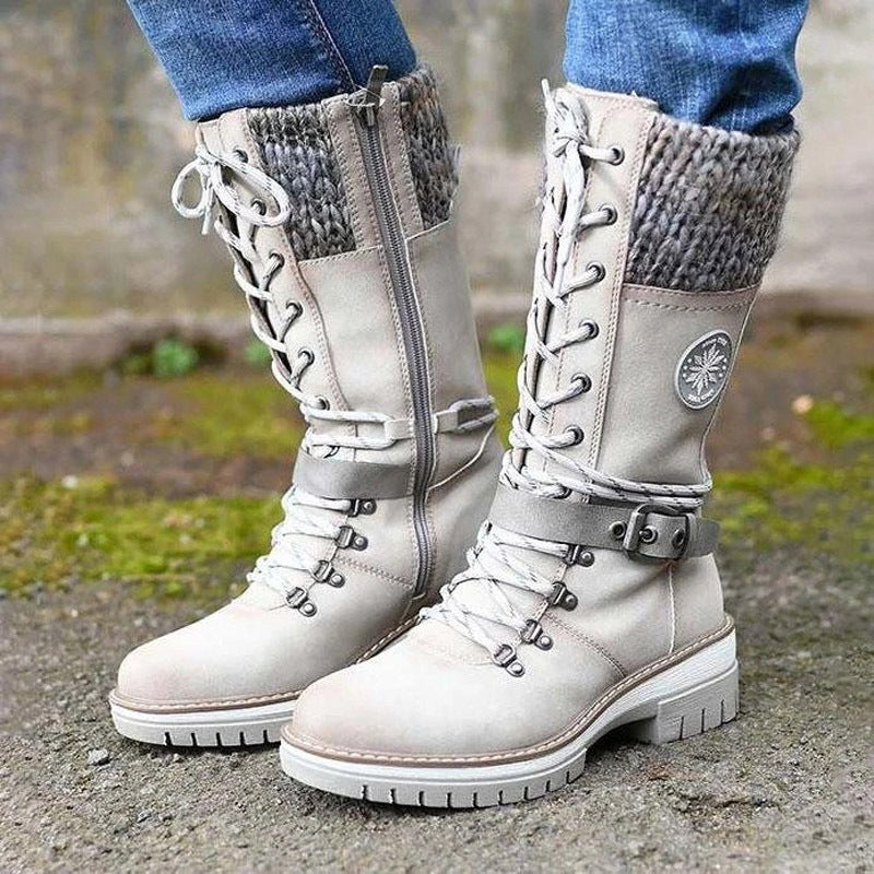 Damen nan gefütterte Schnürstiefel mit gestricktem Schaftbund, dekorativem Schnallenriemen und profilierter Gummisohle EB