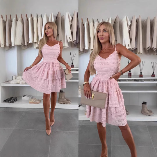 Damen Sommerliches A-Linien Kleid mit Rüschen und feinem Strukturdesign EB