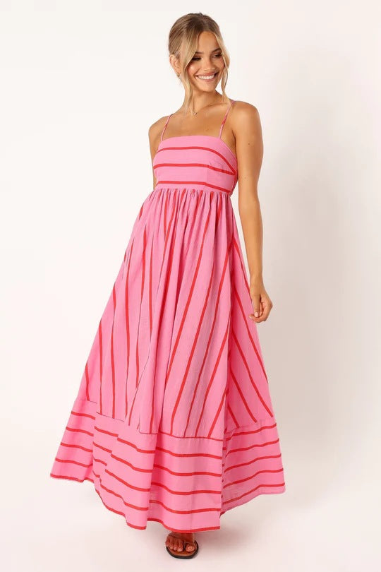 Damen Maxi-Kleid mit schmalen Spaghettiträgern und eleganten Querstreifen EB