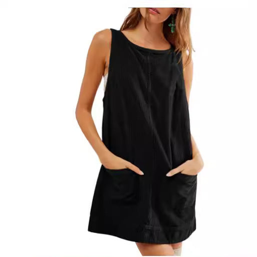 Damen lässiges Jerseykleid mit Taschen und Rundhalsausschnitt EB