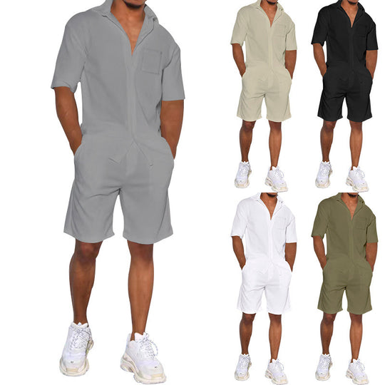 Herren nan legeres Resort-Zweiteiler mit offenem Kurzarm-Hemd, Brusttasche und elastischer Bermuda EB