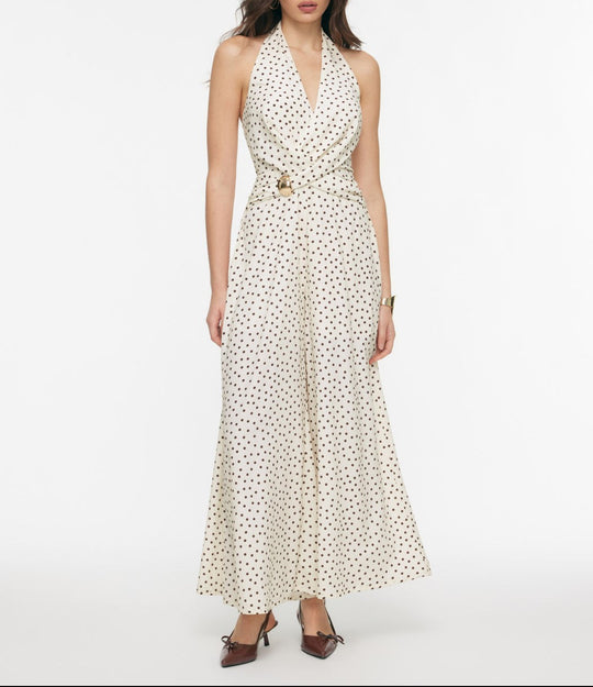 Damen eleganter Jumpsuit mit tiefem Ausschnitt und schwingendem Bein EB