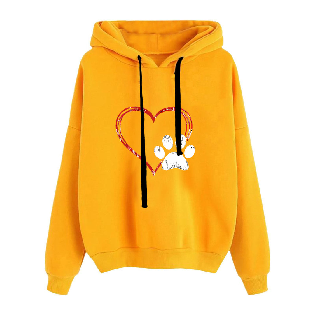 Damen nan lässiger Oversize Kapuzenpullover mit Herz‑und‑Pfotenprint, Kordelzug und gerippten Bündchen EB