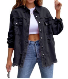 Damen Stylische Overshirt-Jacke mit fransigem Saum EB