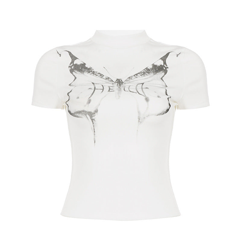 Damen Kurzarm-T-Shirt mit elegantem Schmetterlingsdesign und Stehkragen EB