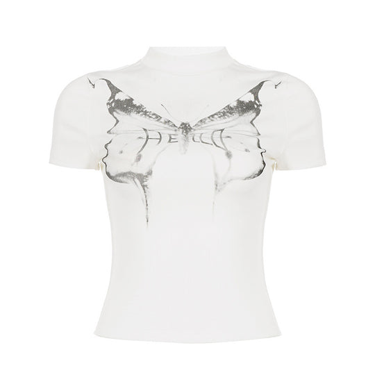 Damen Kurzarm-T-Shirt mit elegantem Schmetterlingsdesign und Stehkragen EB