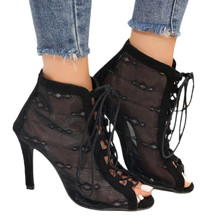 Damen Peep-Toe Stiefeletten mit Schnürung und transparentem Obermaterial EB