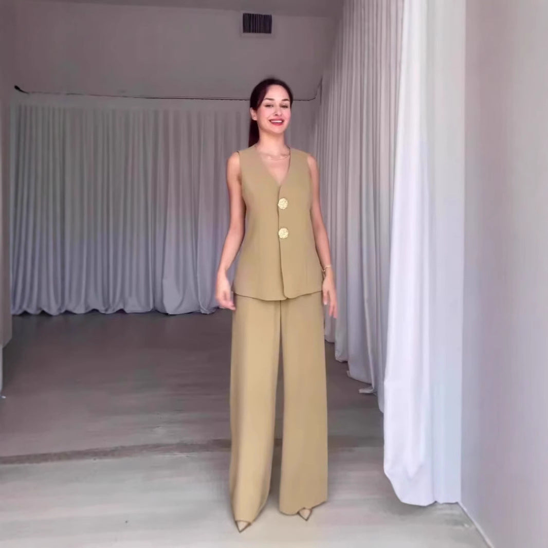 Damen Ärmelloses Tailoring-Set mit taillierter Weste, Zierknöpfen und weiter Palazzo-Hose EB