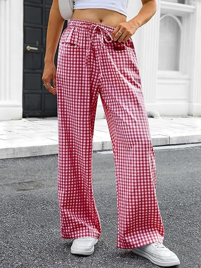 Damen Weit geschnittene Karohose mit elastischem Bund und praktischen Taschen EB