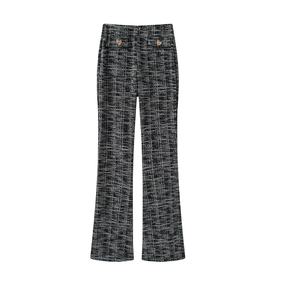 Damen elegante Karohose mit schmalem Schnitt und dekorativen Knöpfen EB
