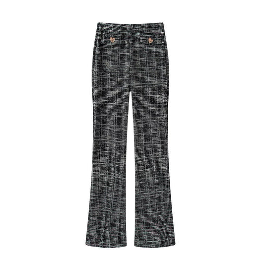 Damen elegante Karohose mit schmalem Schnitt und dekorativen Knöpfen EB