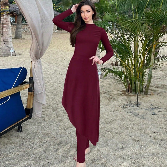 Damen eleganter Strandanzug mit asymmetrischem Schnitt und langen Ärmeln EB