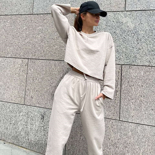 Damen lässiges Oversize-Lounge-Set mit weitem Crewneck-Sweater und elastischer Kordelbund-Jogginghose EB