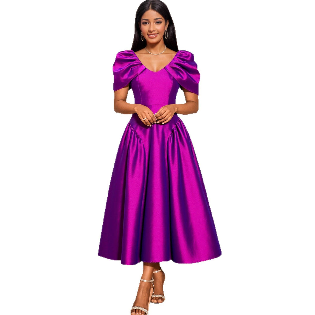 Damen elegantes Midikleid mit voluminösen Puffärmeln und schwingendem Rock EB