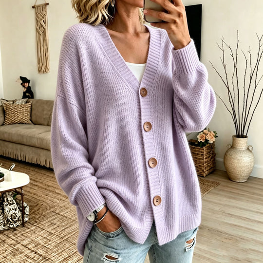 Damen Lockerer Longline-Cardigan mit tiefem V-Ausschnitt und Holzknöpfen EB