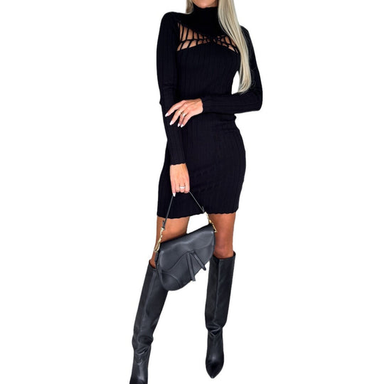 Damen figurbetontes Strickkleid mit Ausschnitt und Langarm EB