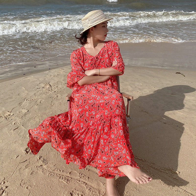 Damen fließendes Maxikleid mit schickem Paisleymuster und Taillenbindung EB