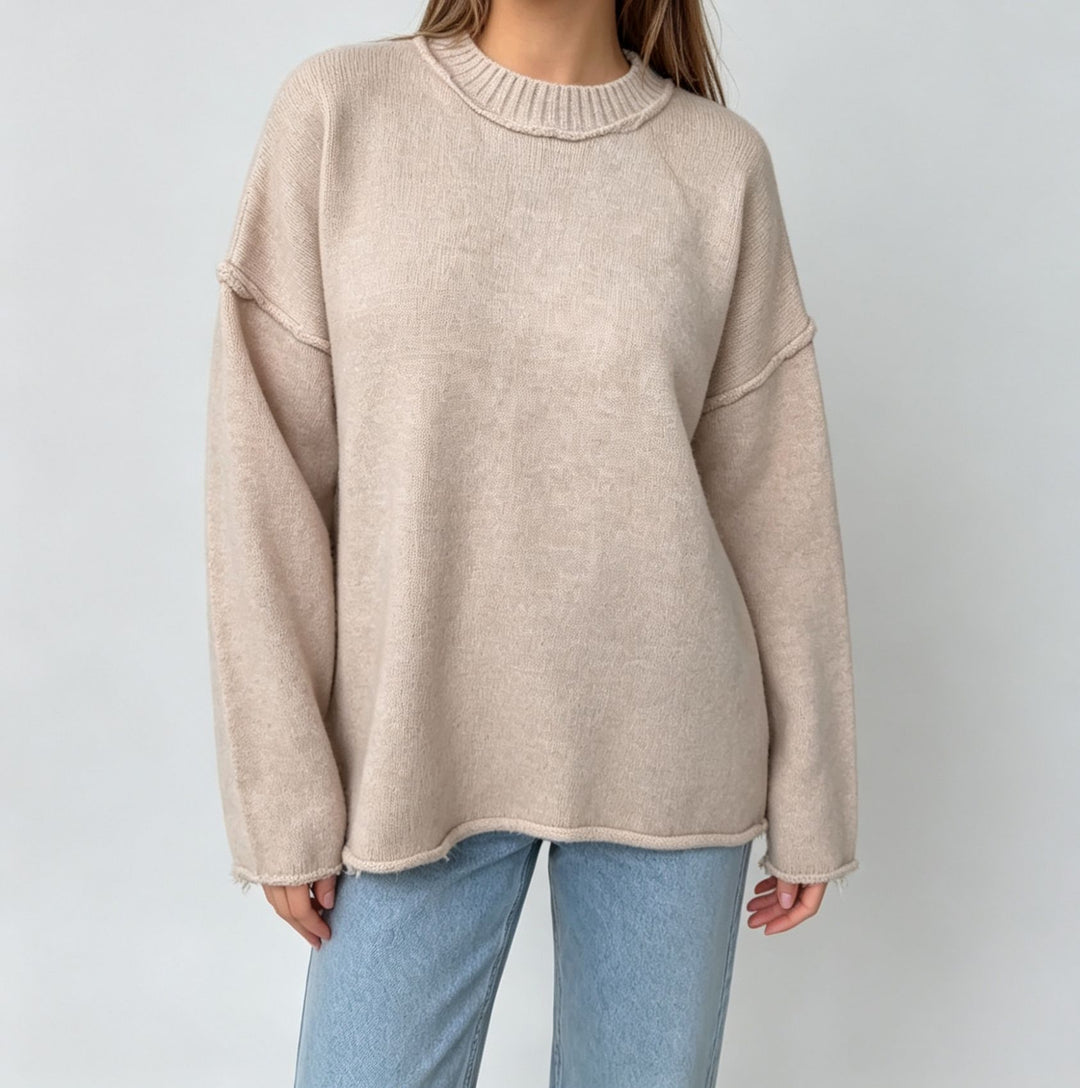 Damen Oversize-Boxy-Pullover mit kurzem Stehkragen und dekorativer Kantennaht EB