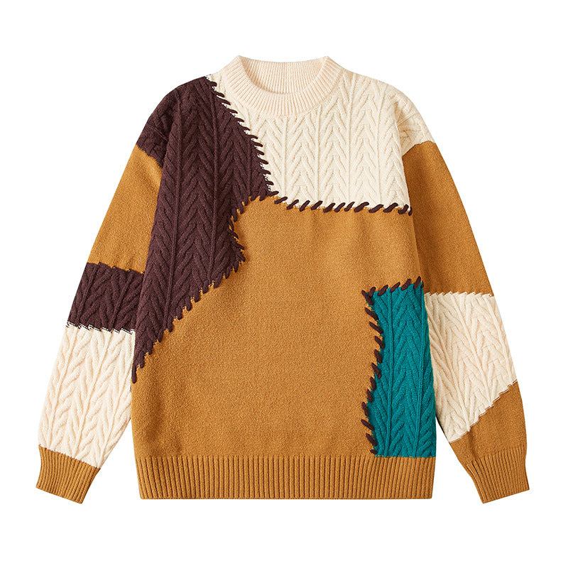Herren nan strukturierter Patchwork-Strickpullover mit Zopfmuster und Rundhals EB