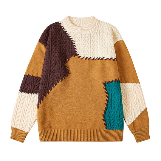 Herren nan strukturierter Patchwork-Strickpullover mit Zopfmuster und Rundhals EB