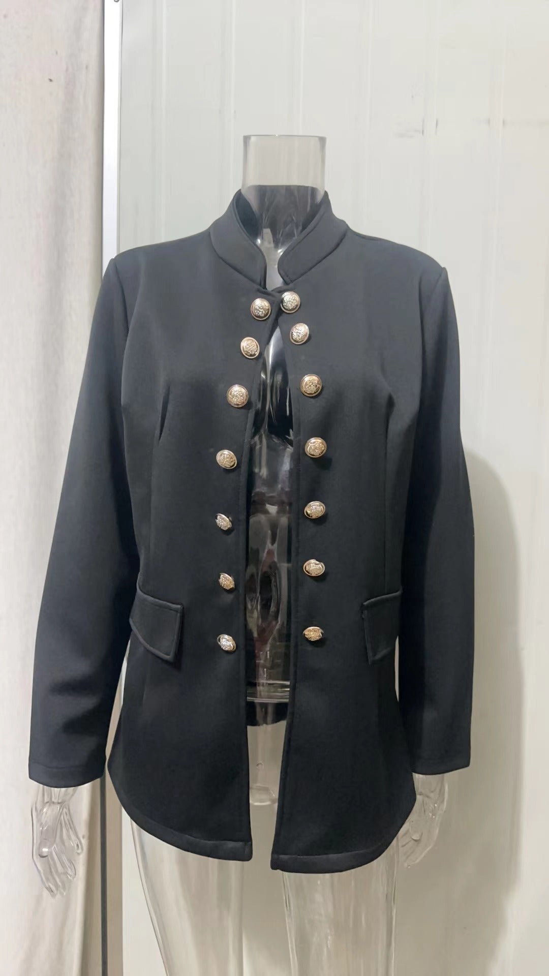 Damen nan taillierter Longblazer mit Stehkragen, dekorativer Metallknopfleiste und 3/4-Ärmeln EB