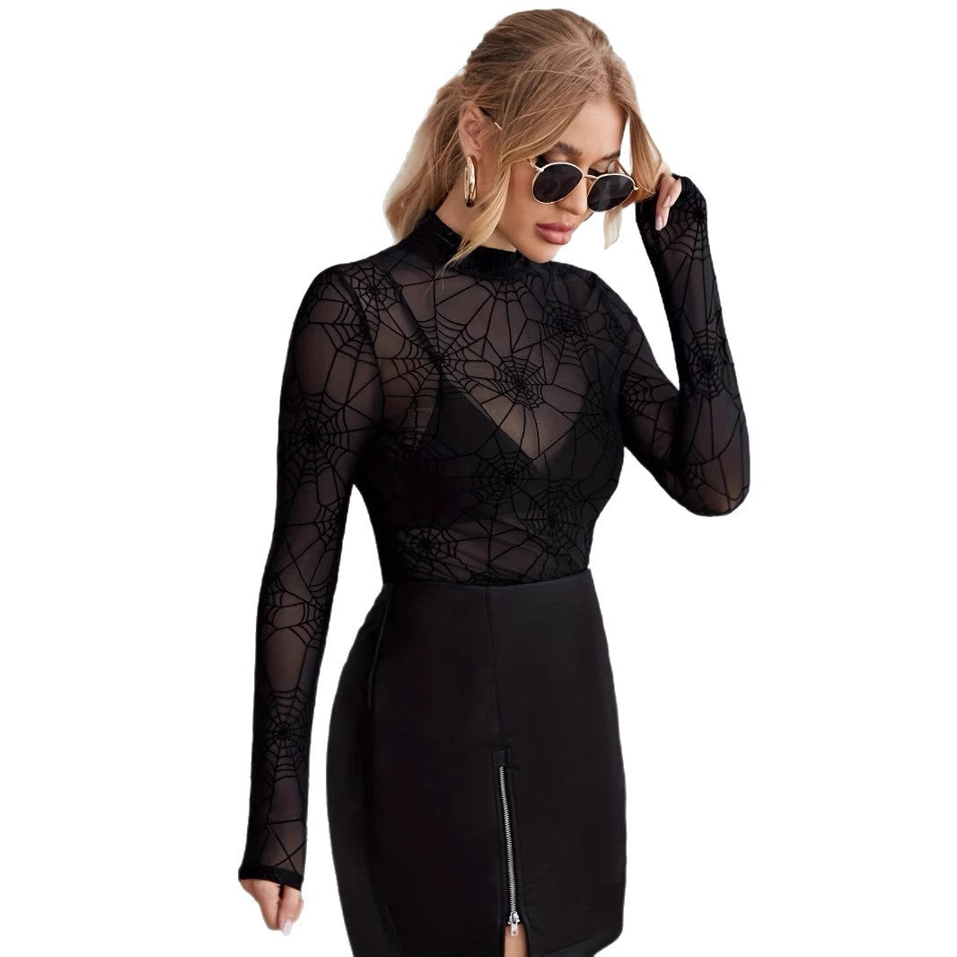 Damen Spitzen Langarmshirt mit Netzstruktur und Spinnenmuster EB