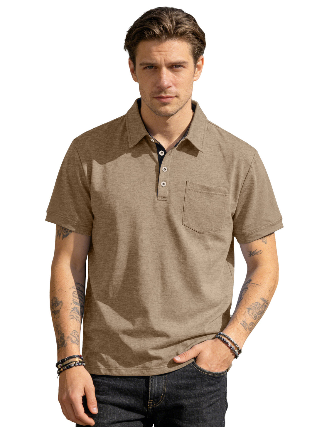 Herren nan Kurzarm-Polokragen-Shirt aus texturiertem Jersey mit Brusttasche und kontrastierter Knopfleiste EB