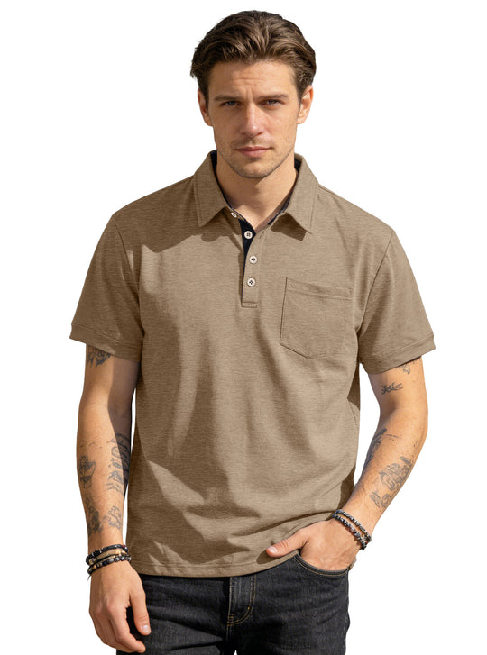Herren nan Kurzarm-Polokragen-Shirt aus texturiertem Jersey mit Brusttasche und kontrastierter Knopfleiste EB