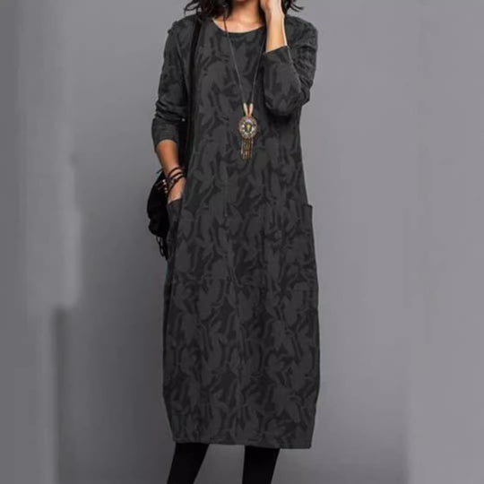 Damen Casual Kleid mit modernen Blätter-Druck und praktischen Taschen Heidi-Mode