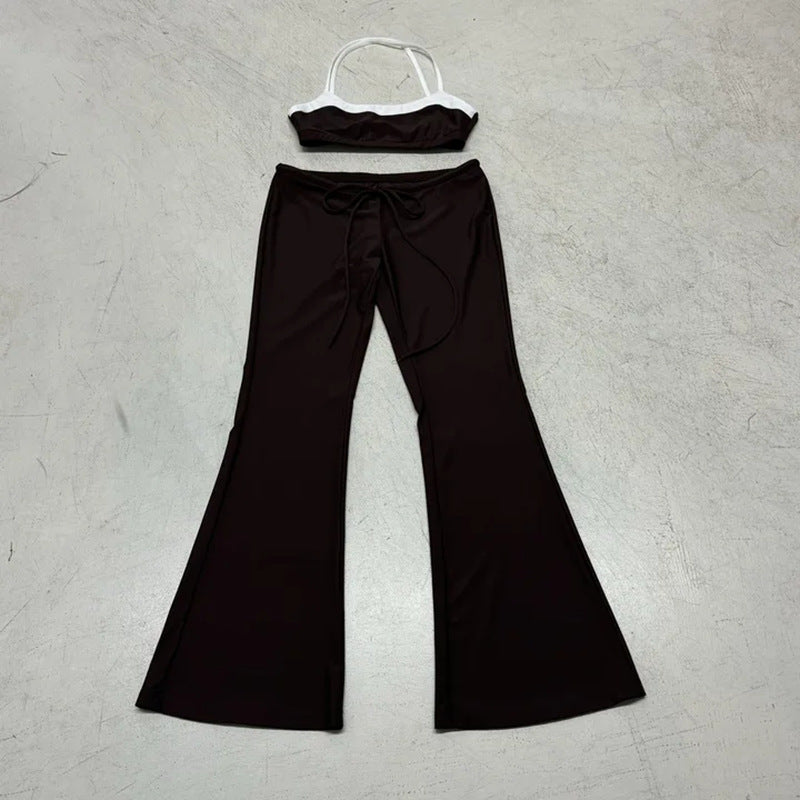 Damen sportliches Flared Set mit Crop-Top und bindbarem Bund EB