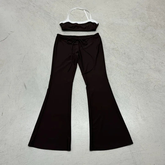 Damen sportliches Flared Set mit Crop-Top und bindbarem Bund EB
