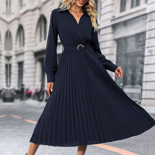 Damen Plissiertes Midikleid mit eleganter Wickeloptik und Taillengürtel EB
