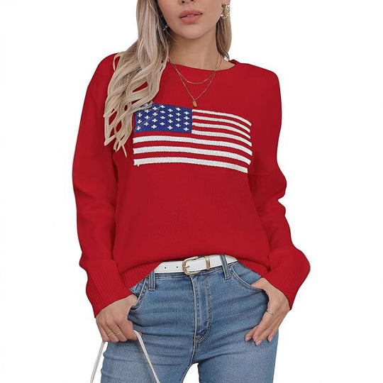 Damen Strickpullover mit Flaggenmotiv und lässigem Schnitt EB