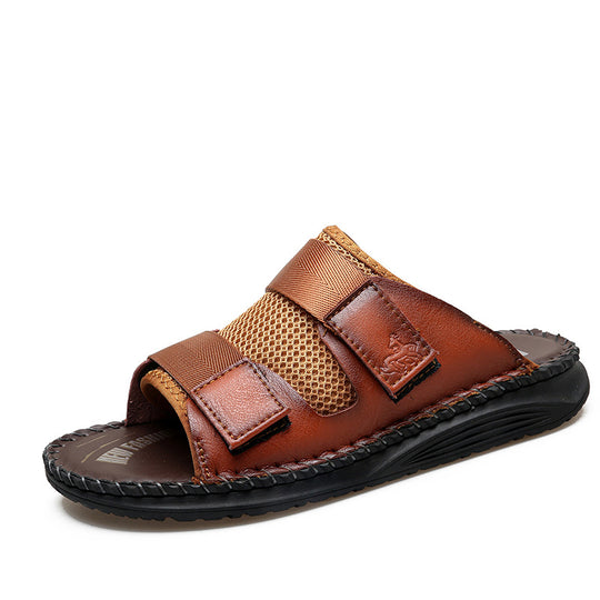 Herren Atmungsaktive Leder-Sandalen mit verstellbarem Klettverschluss EB