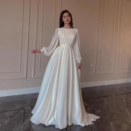 EB | Durchsichtiges Weißes Hochzeitskleid Rundhalsausschnitt Lange Ärmel Kleid
