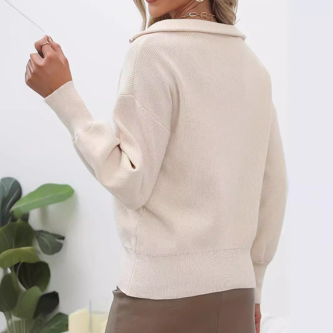 Damen lässiger Pullover mit modernem Zip-Kragen und volumetrischen Ärmeln EB