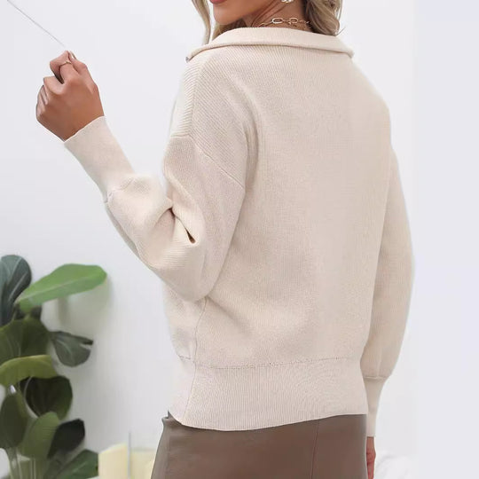 Damen lässiger Pullover mit modernem Zip-Kragen und volumetrischen Ärmeln EB
