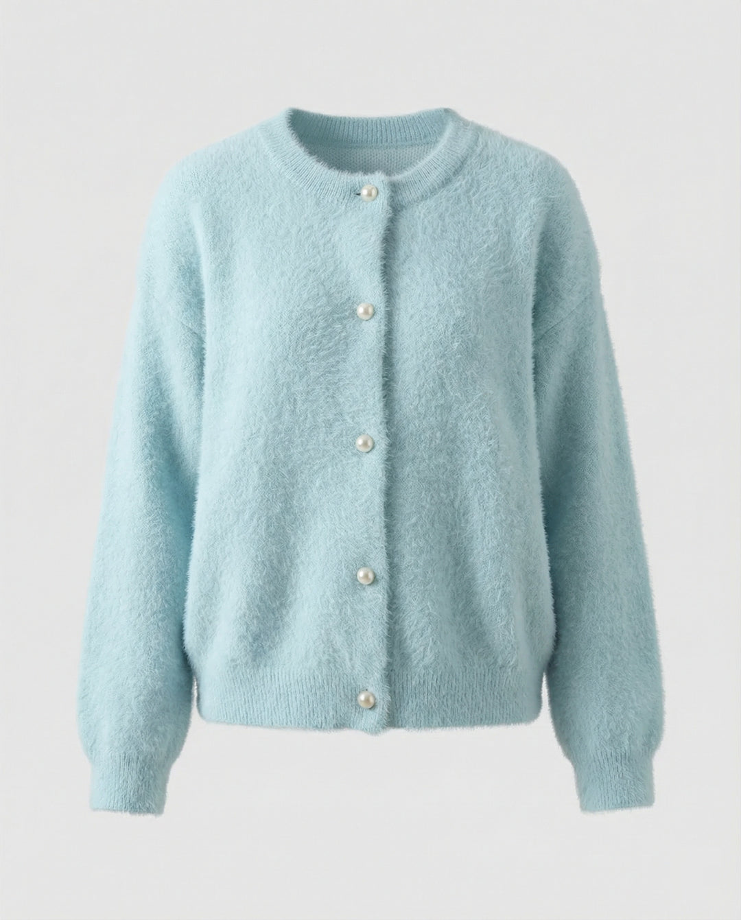 Damen flauschige Kurzstrickjacke im Angora-Optik mit Perlenknöpfen EB