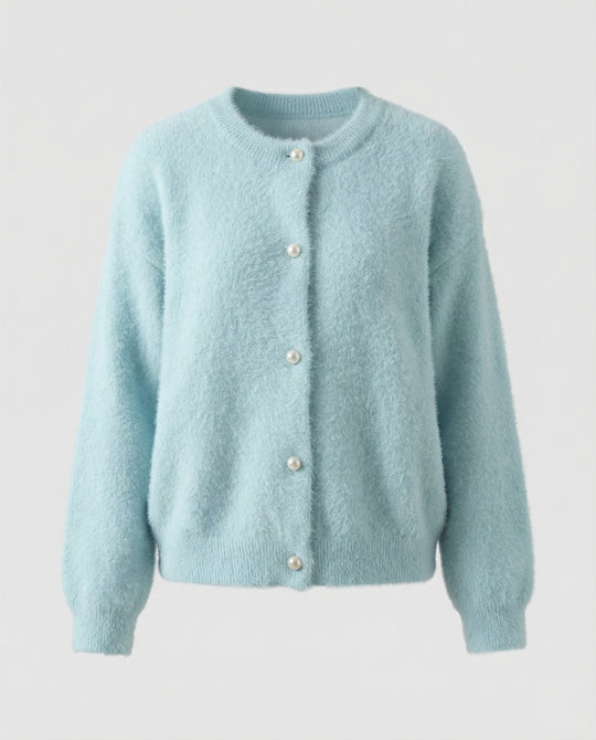 Damen flauschige Kurzstrickjacke im Angora-Optik mit Perlenknöpfen EB