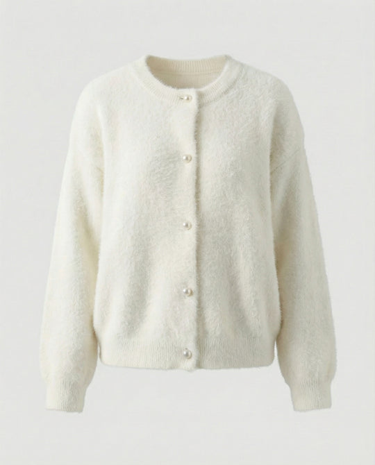 Damen flauschige Kurzstrickjacke im Angora-Optik mit Perlenknöpfen EB