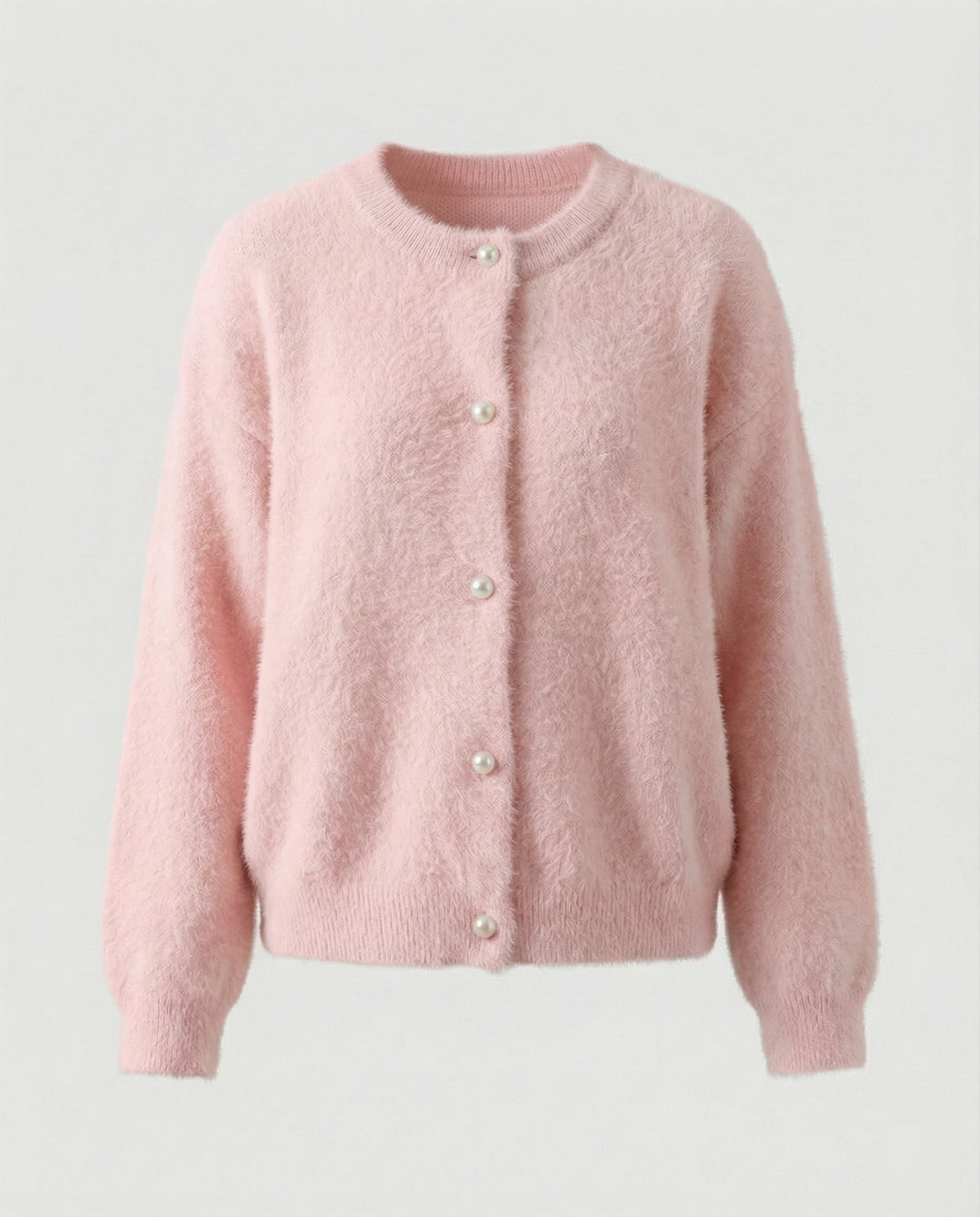 Damen flauschige Kurzstrickjacke im Angora-Optik mit Perlenknöpfen EB