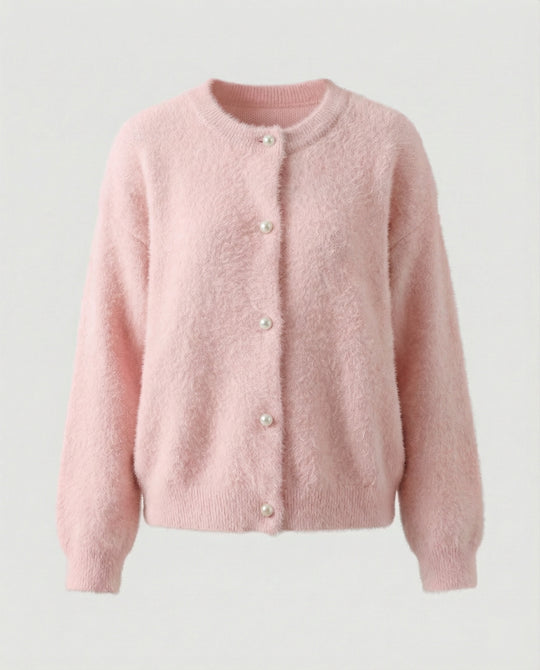 Damen flauschige Kurzstrickjacke im Angora-Optik mit Perlenknöpfen EB