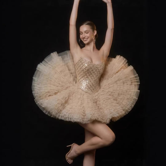 Damen Glamouröses Tüll-Cocktailkleid mit schimmerndem Oberteil EB