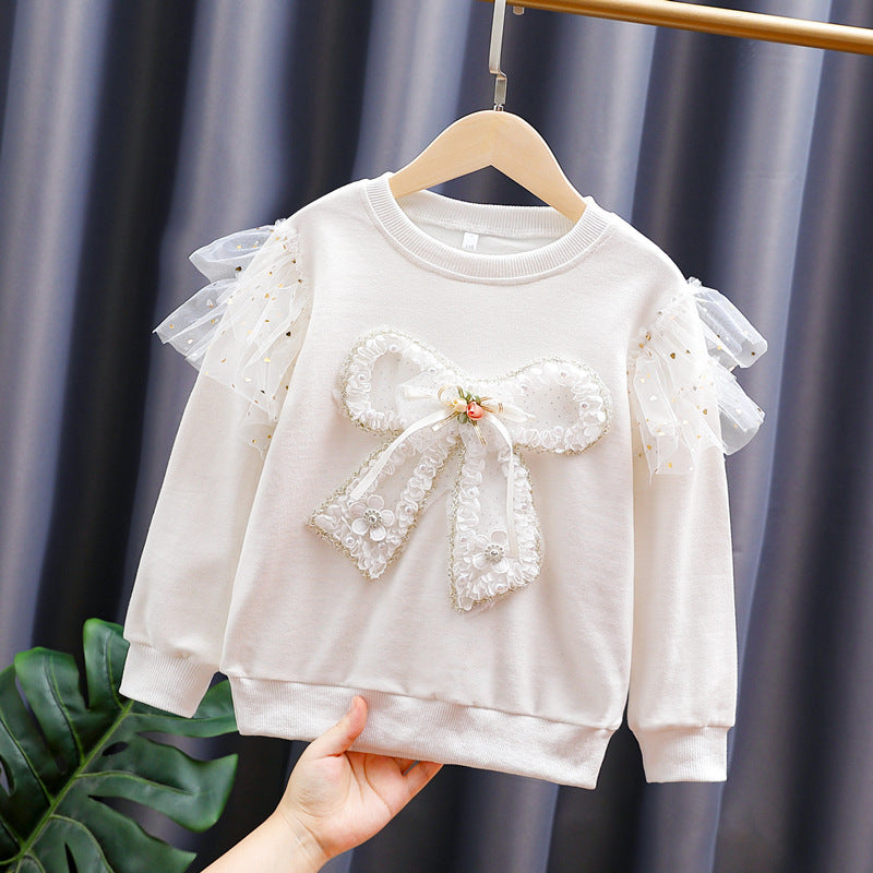 Mädchen modisches Sweatshirt mit transparenten Puffärmeln und Schleifendetail EB