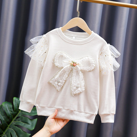 Mädchen modisches Sweatshirt mit transparenten Puffärmeln und Schleifendetail EB