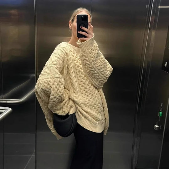Damen oversize Strickpullover mit Zopfstrickmuster EB