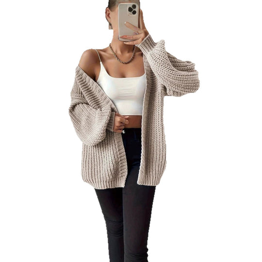 Damen nan Oversize-Strickcardigan mit grobem Waffelstrick, offener Front und voluminösen Ballonärmeln EB